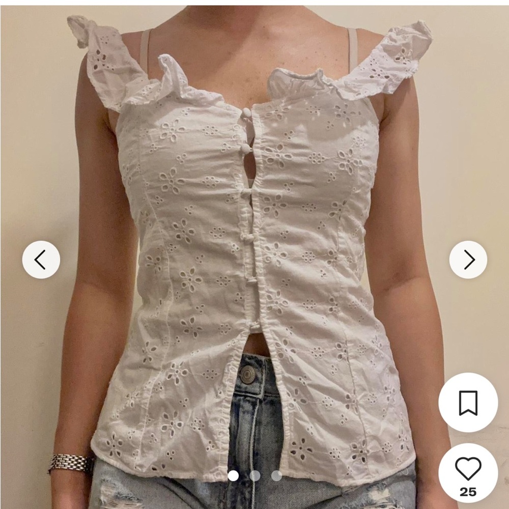 H&M White Eyelet Vest Tank Top with Ruffle Sleeves made in India